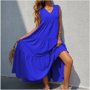 Boho Royal Blue Sleeveless Ruffle maxi Dress